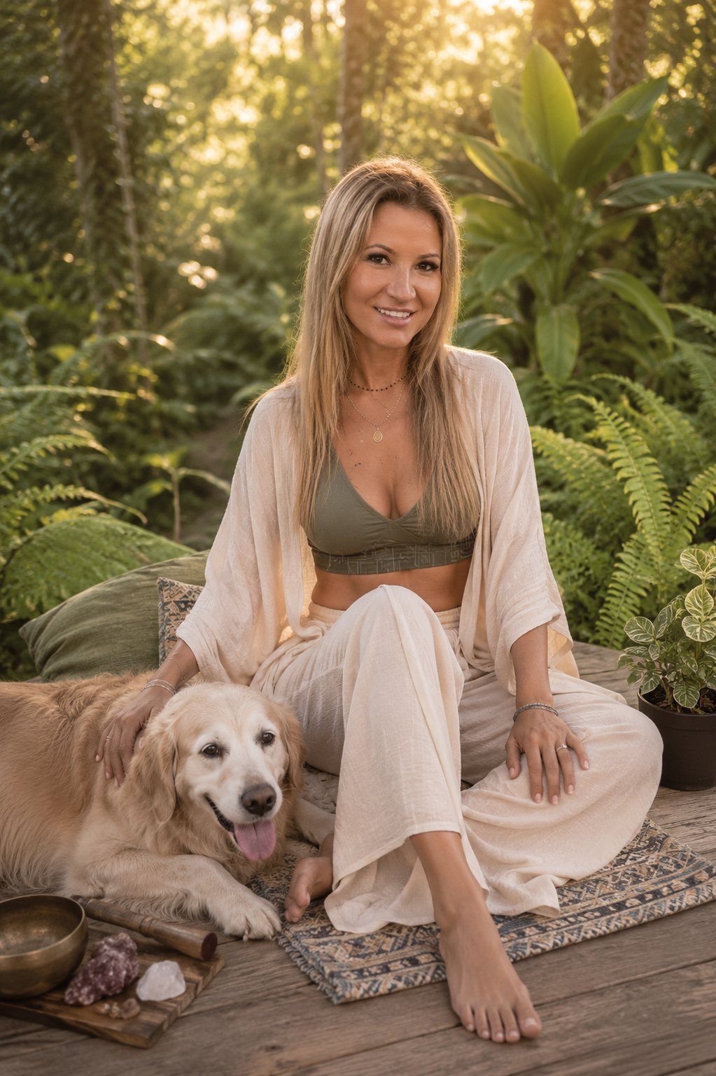 Kasia seated on a wooden deck at golden hour, surrounded by lush greenery, with her golden retriever and a singing bowl beside her