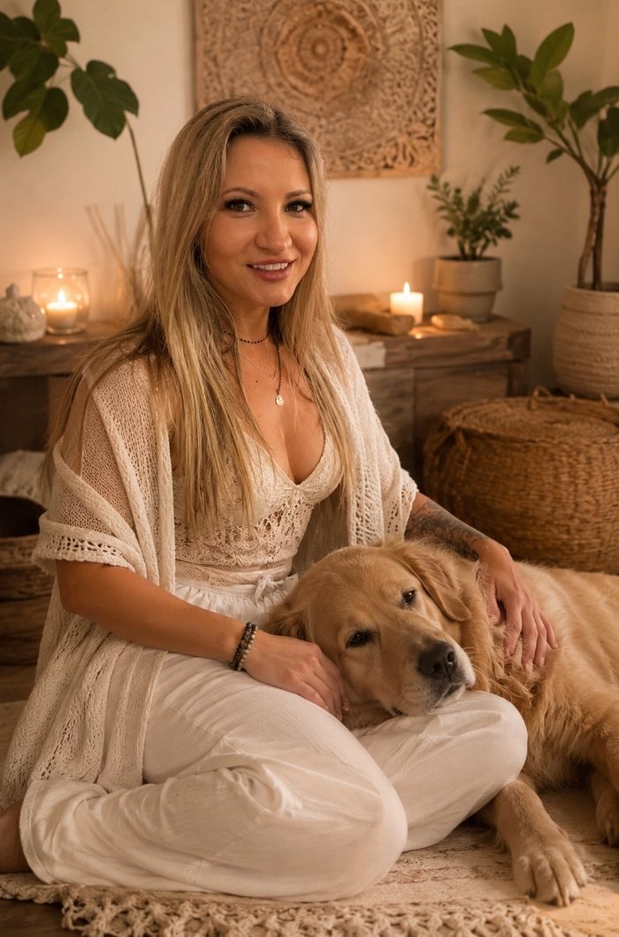 Kasia in her candlelit healing studio, seated with her golden retriever resting in her lap